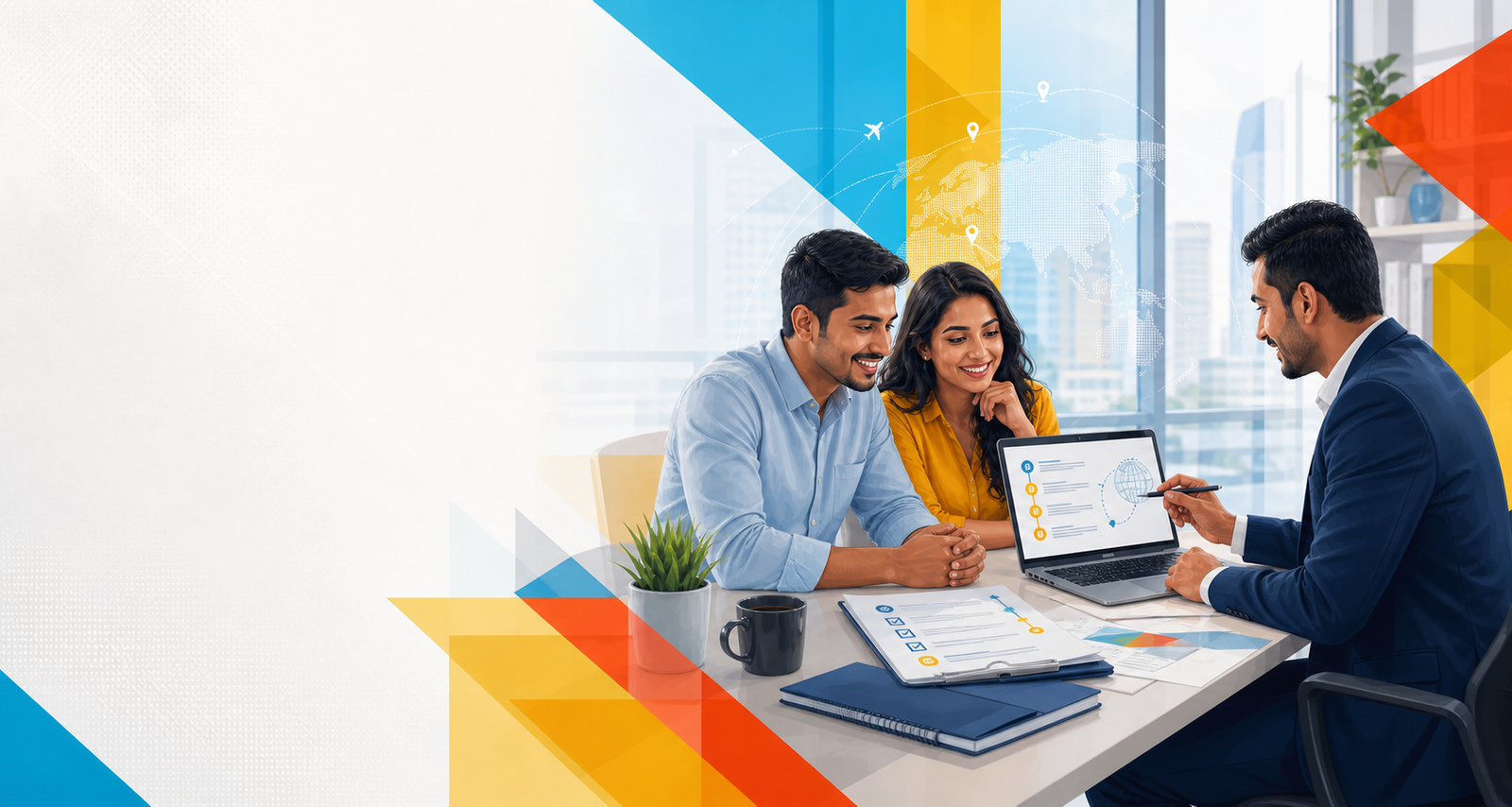 A couple reviewing a migration pathway with an advisor